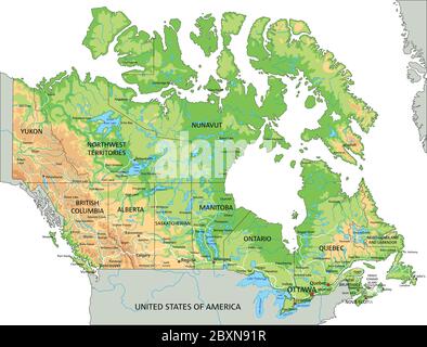 Carte physique du Canada très détaillée avec étiquetage. Illustration de Vecteur