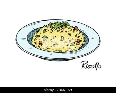 Risotto isolé sur fond blanc. Faites des croquis de plats italiens. Illustration vectorielle dans le style d'esquisse. Illustration de Vecteur