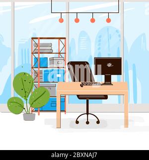 Vector Flat Collection of Creative Workplace with Modern Open Space and Vider Office Interior - Business and Contemporary Co-Working Illustrator. flat Illustration de Vecteur
