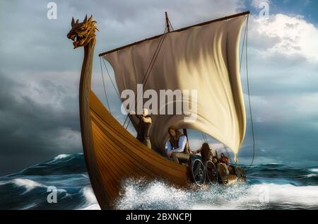Bateau viking sur la mer. Drakkar dans l'océan ondulé. Scène 3D avec peinture numérique. Banque D'Images