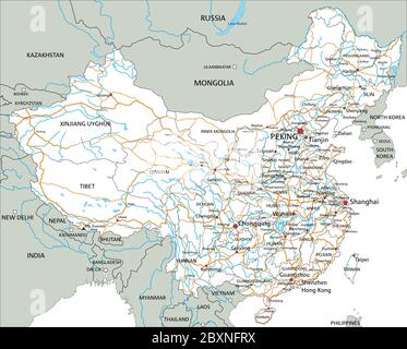 Feuille de route de la Chine détaillée avec étiquetage. Illustration de Vecteur
