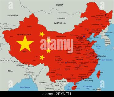 La Chine a une carte politique très détaillée avec un drapeau national. Illustration de Vecteur