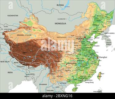 Carte physique de Chine très détaillée avec étiquetage. Illustration de Vecteur