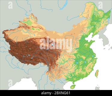 Carte physique haute détaillée de la Chine. Illustration de Vecteur