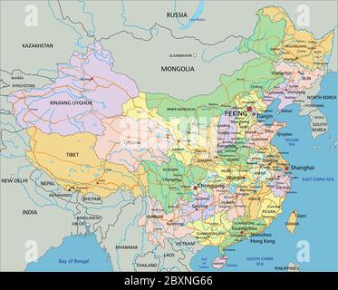 Chine - carte politique modifiable très détaillée avec étiquetage. Illustration de Vecteur