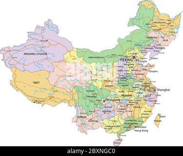 Chine - carte politique modifiable très détaillée avec étiquetage. Illustration de Vecteur