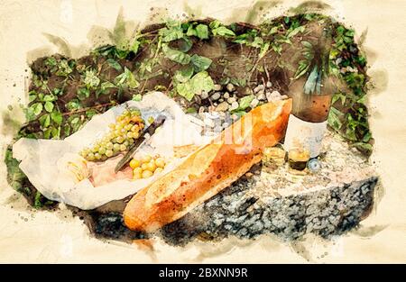 Peinture aquarelle de l'outdorr pique-nique avec baguette, vin blanc français, raisins, et fromage allongé sur une pierre en attente d'être mangé. Feuillage vert dans le Banque D'Images