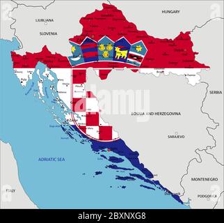 Croatie carte politique très détaillée avec drapeau national isolé sur fond blanc. Illustration de Vecteur