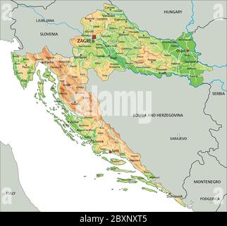 Carte physique de Croatie haute détaillée avec étiquetage. Illustration de Vecteur