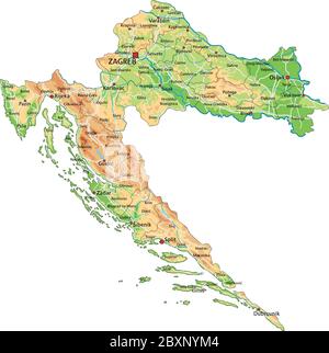 Carte physique de Croatie haute détaillée avec étiquetage. Illustration de Vecteur