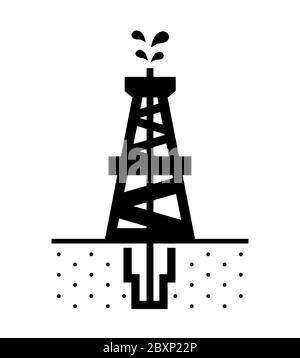 Icône d'engin de forage pétrolier montrant l'opération d'achèvement de puits et la projection de pétrole brut depuis le haut. Symbole noir et blanc de l'industrie du pétrole et du gaz. Illustration de Vecteur