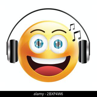 Émoticone de haute qualité isolé sur fond blanc.Emoticon avec casque.face jaune avec casque.émoticône de musique.emoji de musique. Illustration de Vecteur