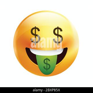 Émoticone de haute qualité sur fond blanc.Dollar signe emoji yeux. Face jaune emoji avec la langue verte illustration vectorielle.Money bouche face.Dollar face Illustration de Vecteur