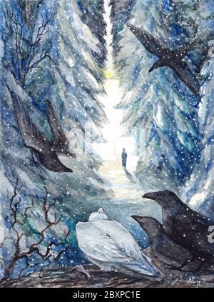 Hiver paysage aquarelle mystère crow assis sur un arbre. Banque D'Images