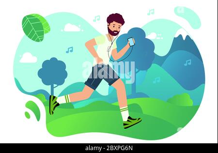 L'homme fait du jogging dans le parc et écoute de la musique depuis son téléphone. Joyeux coureur écoute de la musique. Entraînement en plein air, athlétisme. Un mode de vie actif sain Illustration de Vecteur