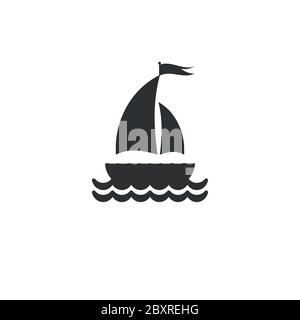 Silhouette de bateau noir avec deux voiles et petit drapeau de la marche sur le dessus. Logo isolé sur fond blanc. Icône marine estivale. Vecteur illustrat Illustration de Vecteur