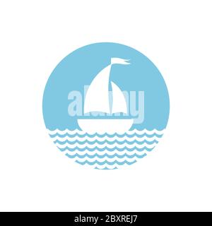 Silhouette plate de bateau bleu poudré avec deux voiles et petit drapeau sur l'eau. Isolé sur fond blanc. Carte de vœux marine estivale. Illustration de Vecteur