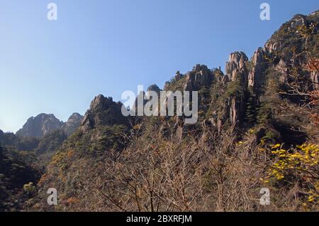 Huangshan Mountain dans la province d'Anhui, Chine. Vue sur les sommets et les arbres depuis les marches est. Huangshan est célèbre pour ses pics rocheux. Banque D'Images