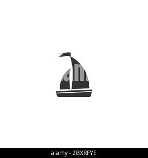 Silhouette de bateau noir avec deux voiles et petit drapeau de la marche sur le dessus. Logo isolé sur fond blanc. Icône marine estivale. Vecteur illustrat Illustration de Vecteur