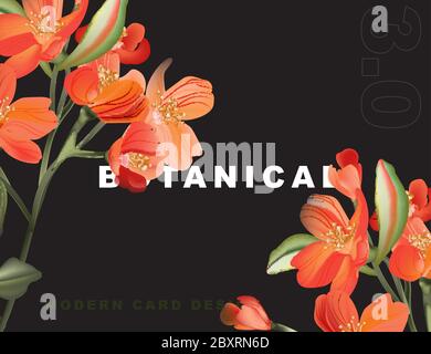 Carte macro d'astromélie avec des feuilles vertes exotiques et des fleurs orange contrastées. Concept de mariage tropical, bouquet de fleurs de jardin botanique. Invitation du printemps Illustration de Vecteur