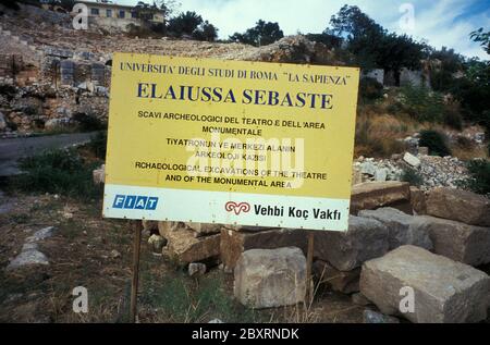 Ancienne ville romaine d'Elaiussa Sebaste - panneau d'excavation illustré en 1976, Turquie Banque D'Images