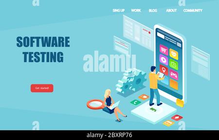 Développement de logiciels et assurance qualité des applications. Vecteur de tests des applications pour téléphones mobiles par DES développeurs INFORMATIQUES Illustration de Vecteur