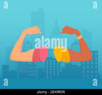 Communauté, unité, race et concept d'égalité des chances. Vecteur de mains blanches et noires fléchissant biceps Illustration de Vecteur