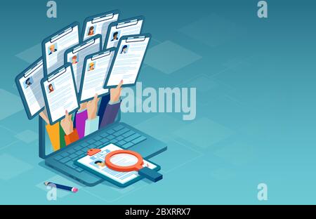 Concept de candidature en ligne. Vecteur de plusieurs personnes qui postulez à un poste de travail en donnant un CV à partir d'un ordinateur portable Illustration de Vecteur