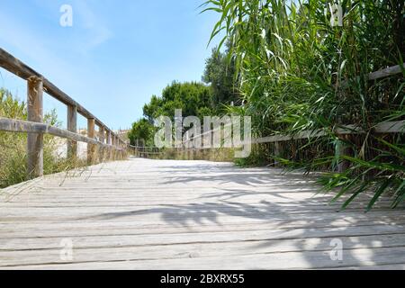 Promenade en bois à pied à travers les dunes de sable jusqu'à la mer Méditerranée et la plage de Los Arenales del sol ou Arenals del sol. Costa Blanca, Espagne Banque D'Images