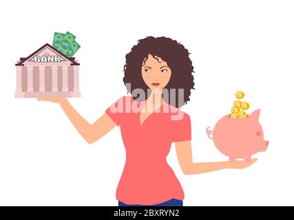 Vecteur d'une femme décidant de la façon de gérer le dépôt de la banque d'épargne ou d'économiser l'argent dans la banque de piggy Illustration de Vecteur