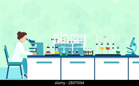 Vecteur d'un chercheur de laboratoire étudiant un nouveau virus travaillant dans un laboratoire avec un microscope et des outils de laboratoire. Illustration de Vecteur