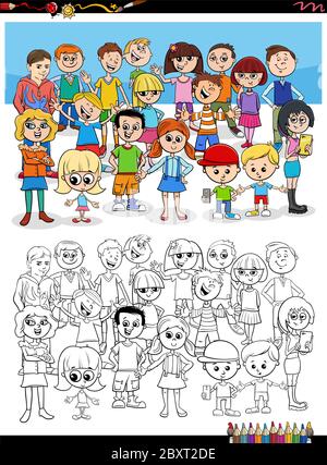 Dessin animé Illustration de la page de livre de coloriage de groupe de caractères d'enfants Illustration de Vecteur