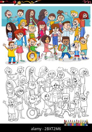 Dessin animé Illustration des personnages d'enfants et adolescents Groupe de coloriage page de livre Illustration de Vecteur