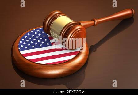 Droit américain et justice des Etats-Unis d'Amérique concept avec un rendu 3d d'un juge gavel et le drapeau des Etats-Unis sur un bureau en bois. Banque D'Images