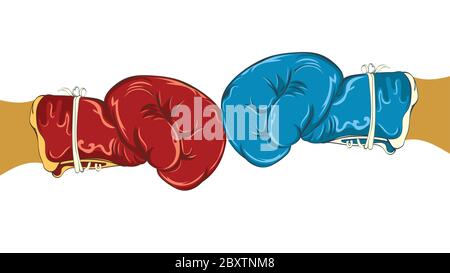 Gants de boxe bleu et rouge de style rétro, illustration sur le thème du sport. Illustration de Vecteur