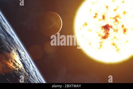 Étoile géante rouge. Système solaire. Soleil. Paysage de la Terre. Vénus Banque D'Images