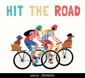 L'heure de l'aventure. Mignon dessin animé. Illustration de style rétro et humour coloré. Vélo avec concept de vecteur animal. Des vacances sur la route Illustration de Vecteur