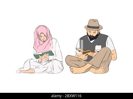 Femme et homme musulmans lisant des livres religieux. Illustration vectorielle. Illustration de Vecteur