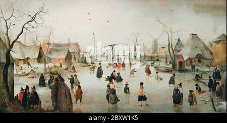 Le patin à glace dans un village (1610), huile sur panneau par Hendrick Avercamp (1585-1634) Banque D'Images