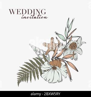 Description du concept floral : magnolia, pampas herbe, sar, seashell, feuilles cadre arrière-plan. Mariage, dessin vectoriel à la main pour les fêtes. Stock Illustration de Vecteur