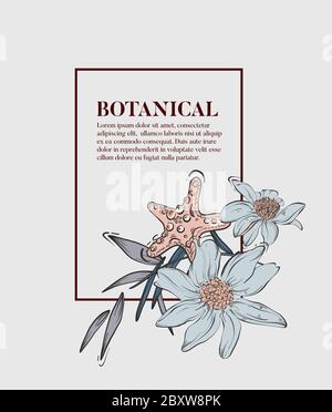 Contours fleuris: fleurs de magnolia, feuilles, seashell étoile décoration d'été bouquet. Dessin art de mariage vintage nature, design vectoriel reatro, rom Illustration de Vecteur