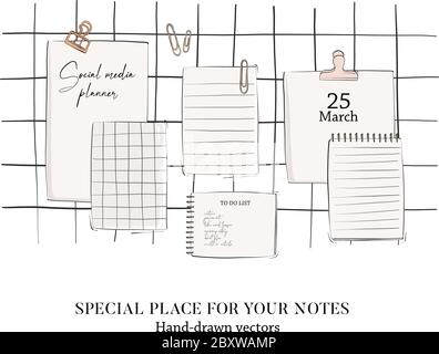 Plan de travail avec dossier, presse-papiers, calendrier, carnet, éléments dessinés à la main pour un planificateur hebdomadaire ou mensuel. IDE d'espace de travail indépendant, étudiant, travailleur Illustration de Vecteur