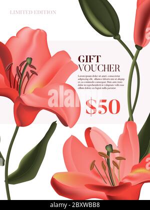 Coupon publicitaire Vector Coral Lily. Carte cadeau fleurie, modèle d'invitation à un mariage, motif fleuri rouge, décoration printanière nature. Jardin de Calla fl Illustration de Vecteur