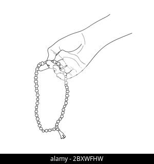 Perles de prière dans une main. Compter en tasbih. JAPA Mala méditation. Vecteur. Illustration de Vecteur