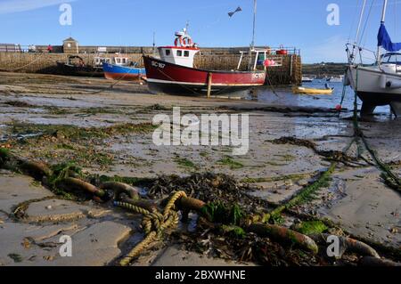 Rusty Chain et algues sur la plage, amarrant des bateaux de pêche et des yachts dans le port avec le vieux quai en arrière-plan, à Hugh Town, St Mary's un des Banque D'Images