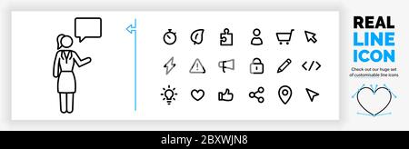 jeu d'icônes en ligne réelle modifiable d'une femme d'affaires debout en bâton figure en conversation Illustration de Vecteur