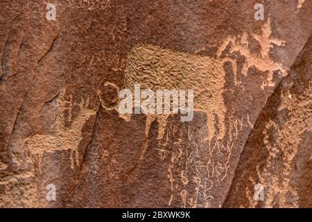 Pétroglyphes à Newspaper Rock, dans le parc national de Canyonlands, Utah. Banque D'Images