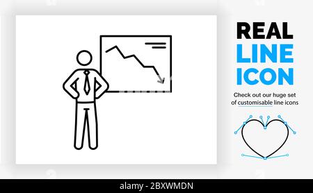 Icône en ligne réelle modifiable d'un homme d'affaires à figure de bâton avec un graphique négatif Illustration de Vecteur