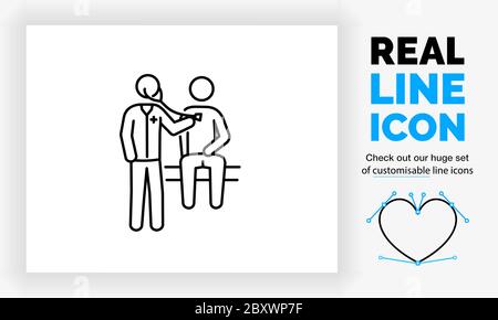 Icône en ligne réelle modifiable d'un patient en forme de bâton assis et d'un médecin Illustration de Vecteur