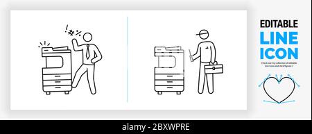 Icône de ligne modifiable d'une imprimante endommagée et d'un réparateur qui la répare Illustration de Vecteur